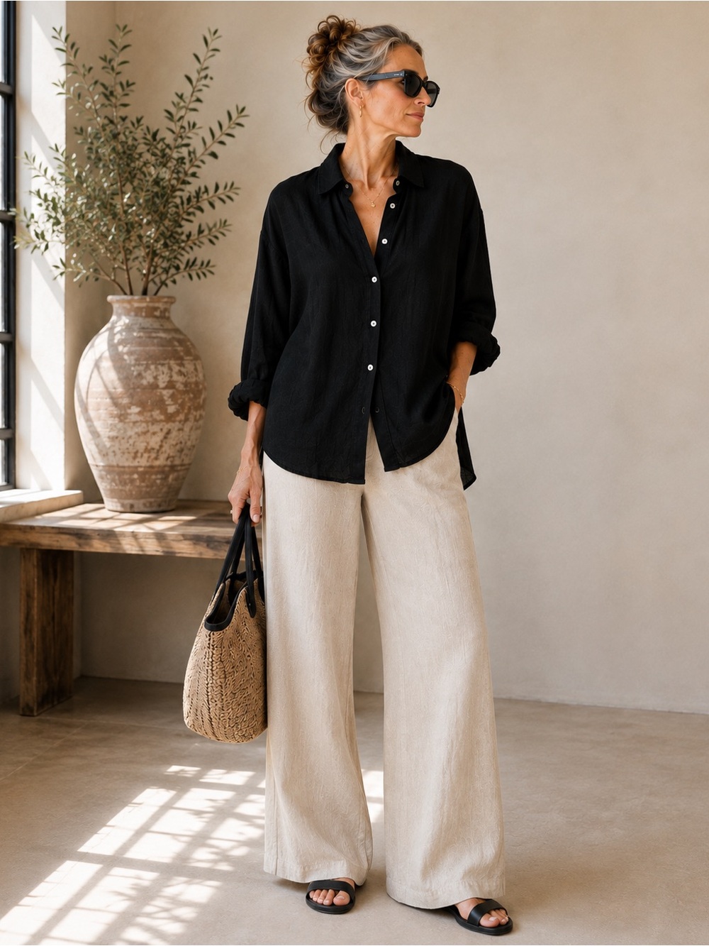Katharine Hamnett Nicola Women XS Black Linen Oversized Shirt Italy Quiet Luxury